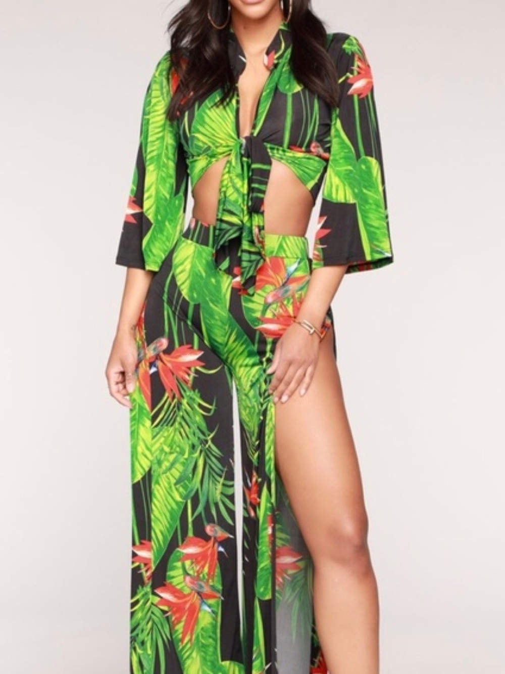 Tropical Tie-Front Wide Leg Set in Green